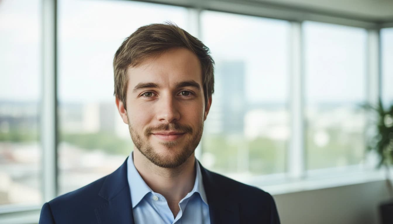 Professional LinkedIn headshot of a man in business attire with a softly blurred office background — Banana AI portrait prompt example
