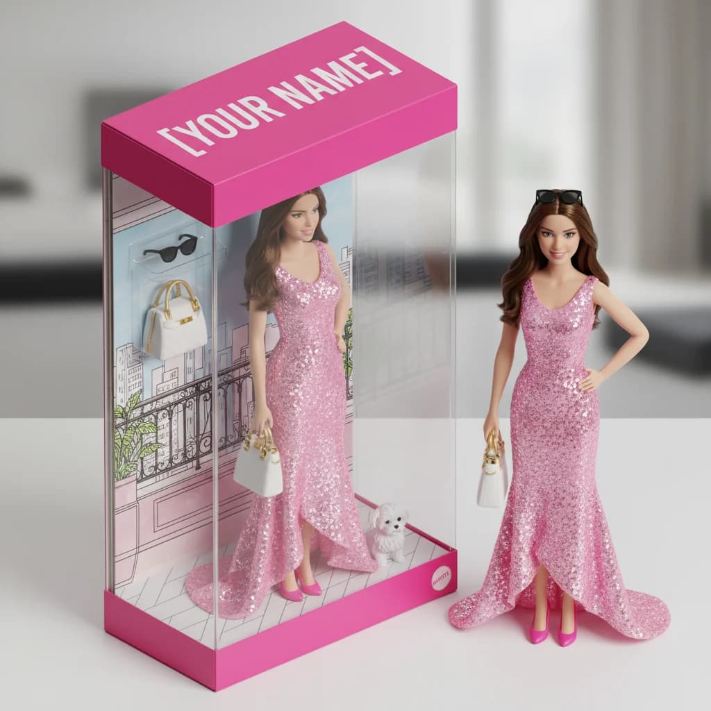 AI-generated Barbie doll figurine sealed inside a glossy pink toy box with designer accessories — Banana AI Barbie filter prompt example