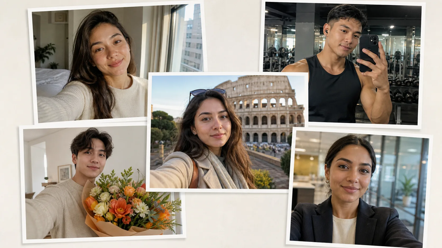 Collage of realistic AI selfie examples including window-light selfie, gym mirror selfie, travel selfie, flower market selfie, and professional profile selfie