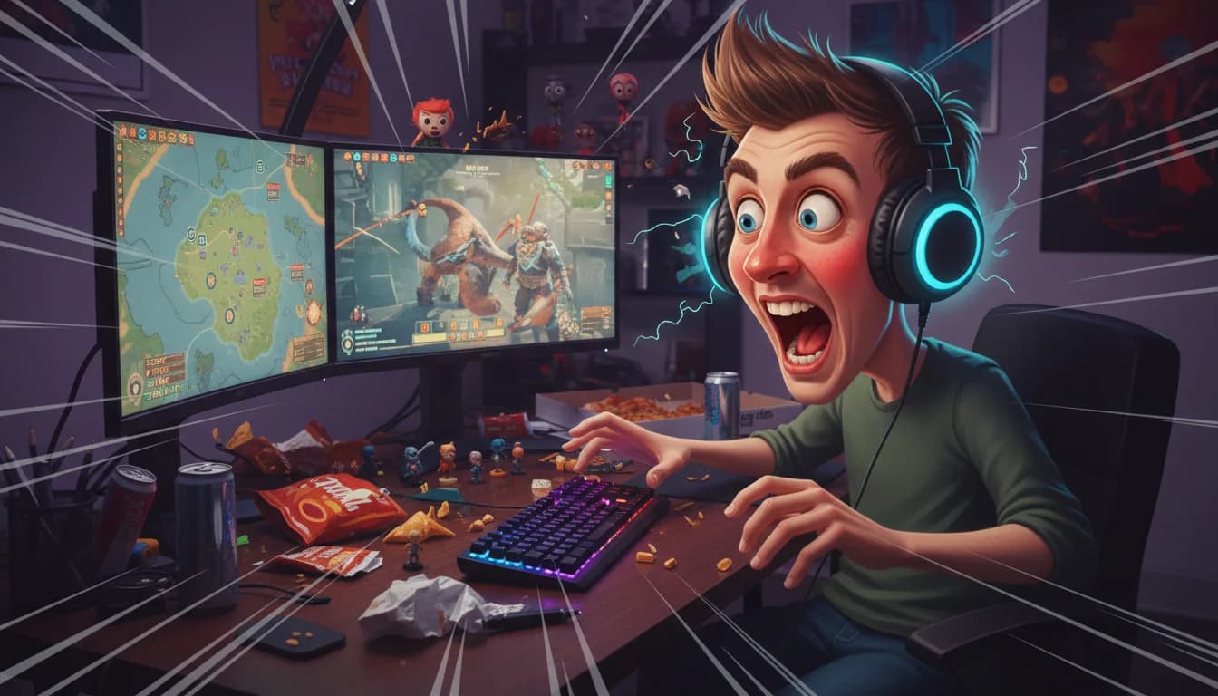 Vibrant cartoon caricature of a gamer with oversized headphones and multiple screens in dynamic comic style — Banana AI ChatGPT caricature prompt example