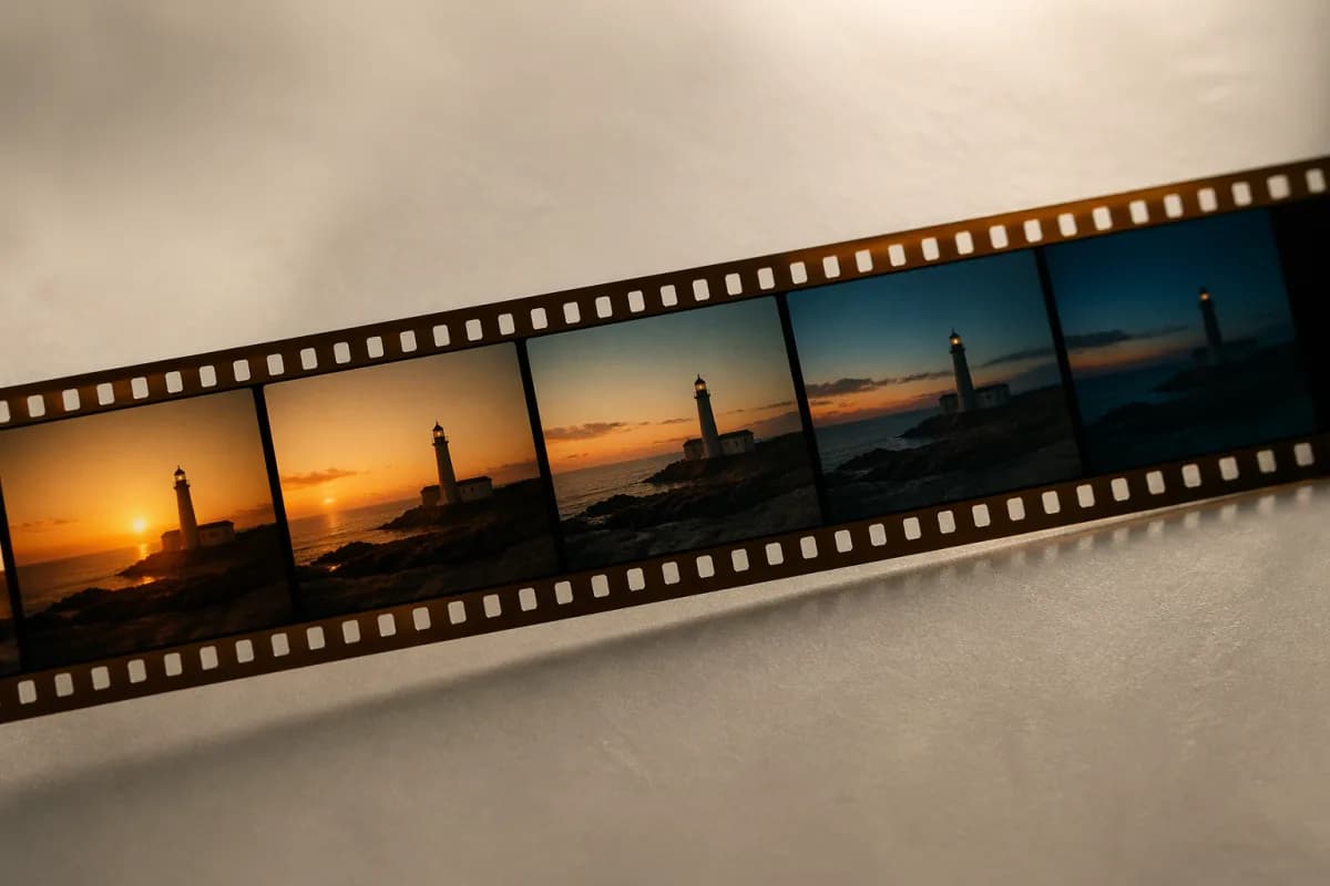 Cinematic 35mm film strip showing video frames generated by Banana AI