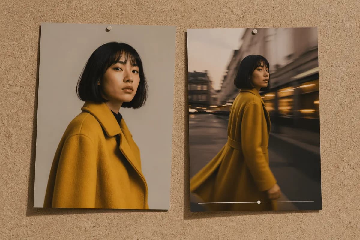 Same character rendered across stills and a motion frame by Banana AI