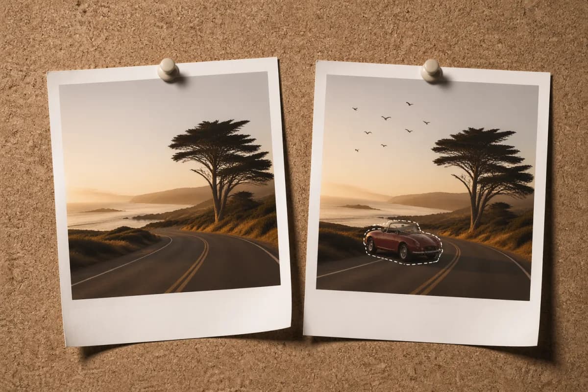 Before-and-after polaroid pair showing a masked edit by Banana AI
